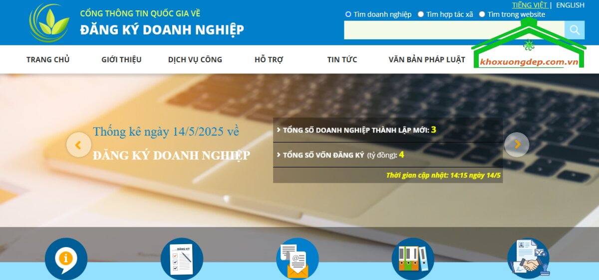 Giao diện Cổng thông tin quốc gia về đăng ký doanh nghiệp – nơi doanh nghiệp thực hiện thủ tục đổi giấy đăng ký kinh doanh trực tuyến.